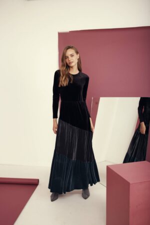 שמלת קטיפה שחורה ארוכה לנשים, אופנה נוחה ללבישה, סגנון אלגנטי.