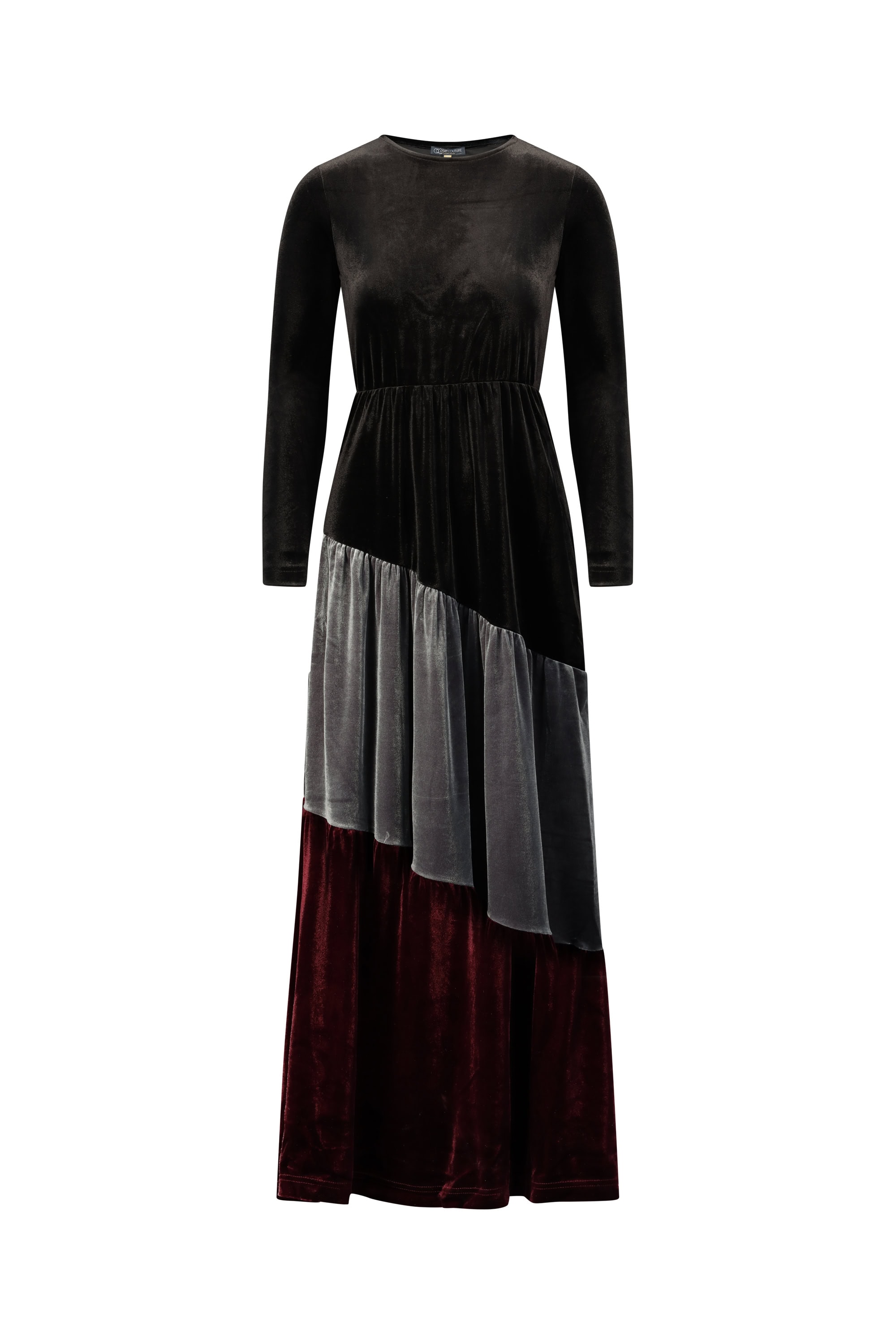 שמלת קטיפה קומות אלכסון בורדו גברית שמלת וינטג' מפואר משי ומעוצבת באורך מלא.