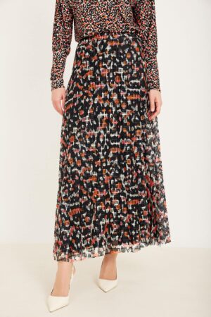 חצאית ארוכה מודפסת בפרחוני וצבעים מרהיבים, אופנה נוחה ללבוש במראה אלגנטי ואופנתי.