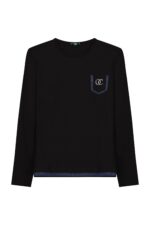 אל ת טקסט: בגד נשים אלגנטי בשחור עם עיטור תיקן וכיס מעוצב.